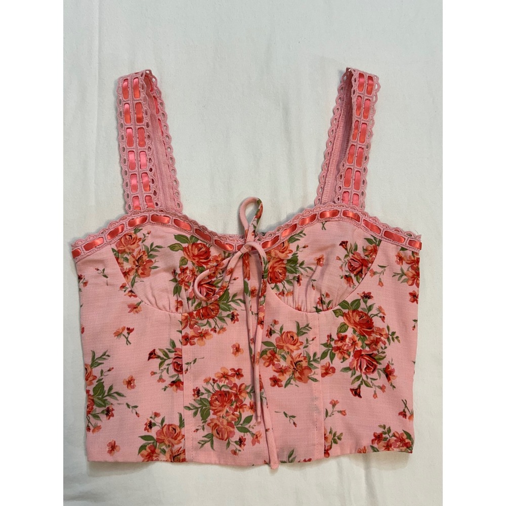 Coquette Romantic Love Shack Fancy Inspired Floral Crop Top Eyelet Ribbon Small